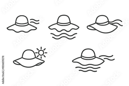 Breezy Holiday Sunhats Icons. Line style vector icons of breezy holiday sunhats: flared brim edge, raised crown center, beach