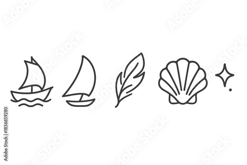 Maritime Vector Icons. Line style vector icons of maritime plume shellwave: crafted ship shape, smooth sail tilt, airy feather