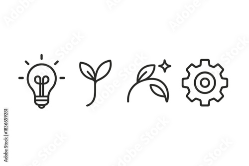 Energy and Nature Icons. Line style vector icons of energy flora gearwork: radiant bulb contour, smooth filament loop, tender