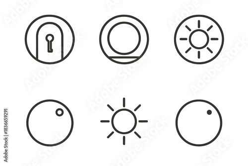 Sunlit Medallion Icons. Line style vector icons of portal sunlit medallion: key portal curve, neat slot core, sunlit orb frame,