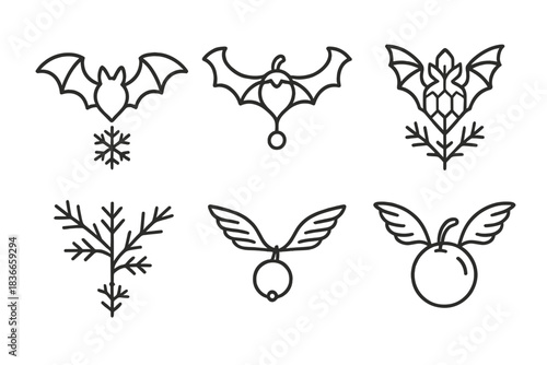 Winged Frost Fruit Icons. Line style vector icons of winged frost fruit: gliding bat shape, curved wing span, frosty crystal form,