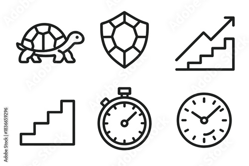 Tortoise Chronograph Icons. Line style vector icons of tortoise ascent chronograph: tortoise figure, shield-like shell, ascending