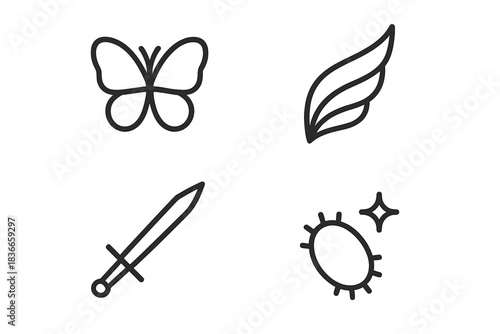 Insect Blade Icons. Line style vector icons of insect blade germ: butterfly figure, lifted wing edge, tapered sword line, plain