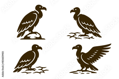 Vulture on Hot Stone. Icons for: a vulture perched on sun-baked stone, a rugged bird resting atop hot ground, a patient watcher