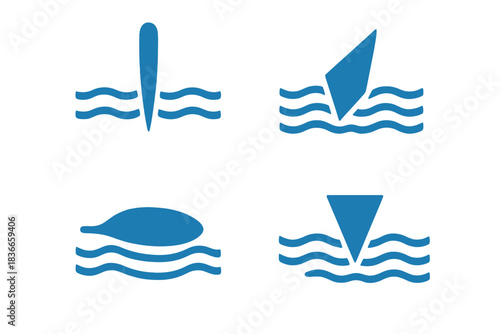 Dynamic Water Flow. Icons for: a streamlined body piercing calm current, a vivid shape cutting into bright flow, a fast silhouette