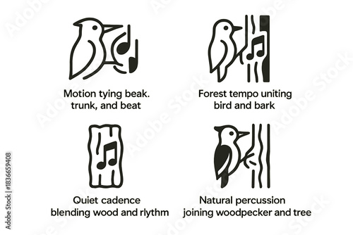 Nature's Rhythmic Symphony. Icons for: motion tying beak, trunk, and beat, forest tempo uniting bird and bark, quiet cadence
