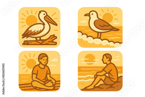 Pelican on Driftwood. Icons for: a pelican resting on sunlit driftwood, a broad bird perched above beach foam, a calm figure