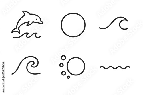 Dolphin Wave Icons. Line vector icons of Current Arc Leap: leaping dolphin, arc circle, bending current, wave tip, foam bead,