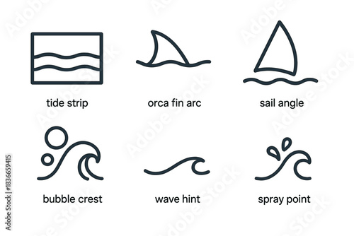 Orca Tide Icons. Line vector icons of Orca Tide Journey: tide strip, orca fin arc, sail angle, bubble crest, wave hint, spray