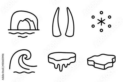 Icy Tusk Shore Icons. Line vector icons of Icy Tusk Shore: icy shore arc, tusk pair, snow speck, frozen wave, cold notch, compact