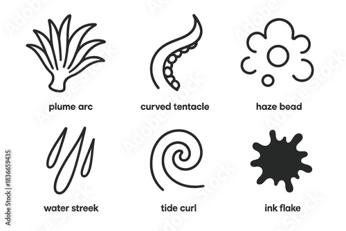 Misty Cephalopod Icons. Line vector icons of Misty Cephalopod Plume: plume arc, curved tentacle, haze bead, water streak, tide