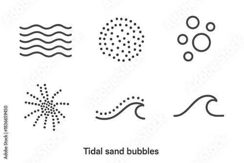 Tidal Icons Collection. Line vector icons of Tidal Sand Bubbles: tidal ripple, sand cluster, bubble set, crab trace, surf dot,