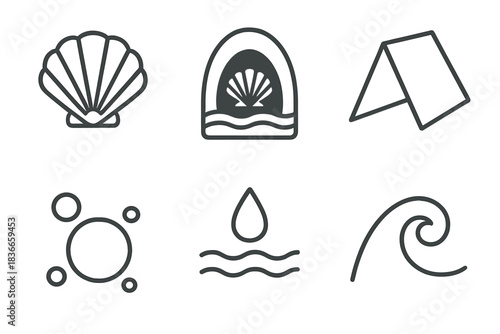 Concealed Shell Cove Icons. Line vector icons of Concealed Shell Cove: shell outline, shaded cove, secret fold, pebble mote, tide
