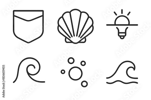 Clam Pocket Icons. Line vector icons of Subtle Clam Pocket: pocket shape, clam trace, light conceal, crest curl, bubble mote, tide