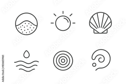 Coastal Sand Icons. Line vector icons of Coastal Sand Orb: coastal grain, glowing orb hint, shell trace, tide bead, ripple stroke,