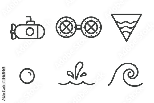 Undersea Hatch Icons. Line vector icons of Undersea Hatch Vessel: vessel outline, dual hatches, abyss mark, tiny bubble, tide