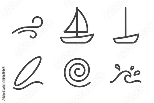 Breezy Sail Craft Icons. Line vector icons of Breezy Sail Craft: breezy arc, crafted hull, lifted mast, surf bead, water swirl,