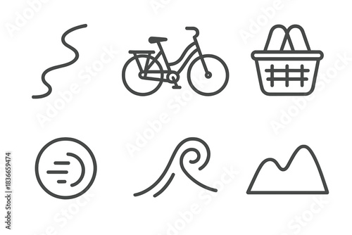 Trail Bike Basket Icons. Line vector icons of Trail Bike Basket: trail strip, bicycle sweep, open basket, air bead, dirt curl,
