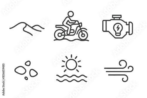 Wavy Desert Ride Icons. Line vector icons of Wavy Desert Ride: wavy dune, riding frame, motor hint, grain fleck, hot shimmer, wind