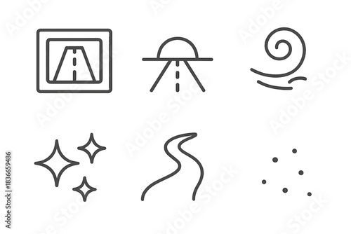 Transport Road Icons. Line vector icons of Transport Road Span: transport frame, road span, horizon arc, dust curl, soft glint,