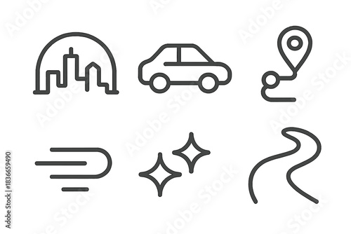 Car Route Icons. Line vector icons of Car Route Skyline: skyline arc, car outline, route bead, wind slip, shimmer dot, street curl