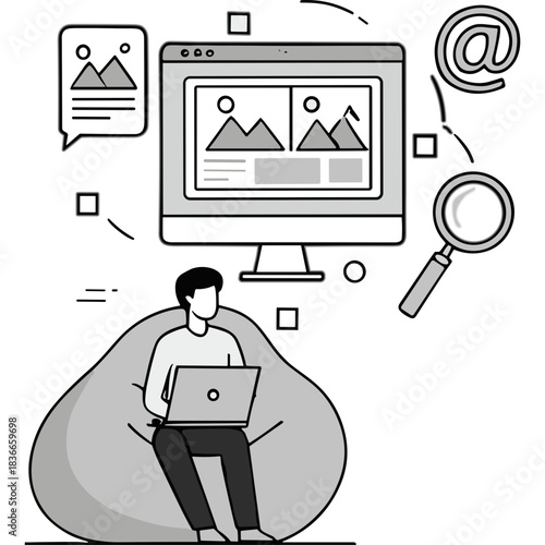 Digital Artist Sitting on Beanbag Chair with Laptop Designing Images on Computer Screen Surrounded by Abstract Shapes and Magnifying Glass Illustration
