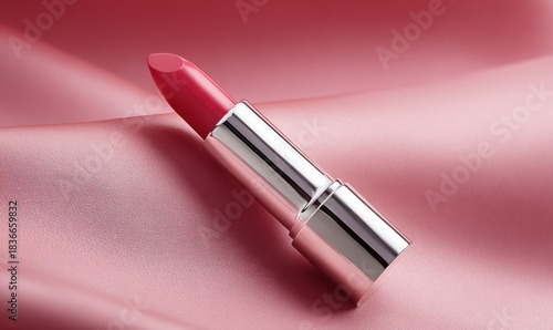 A red lipstick is on a pink background