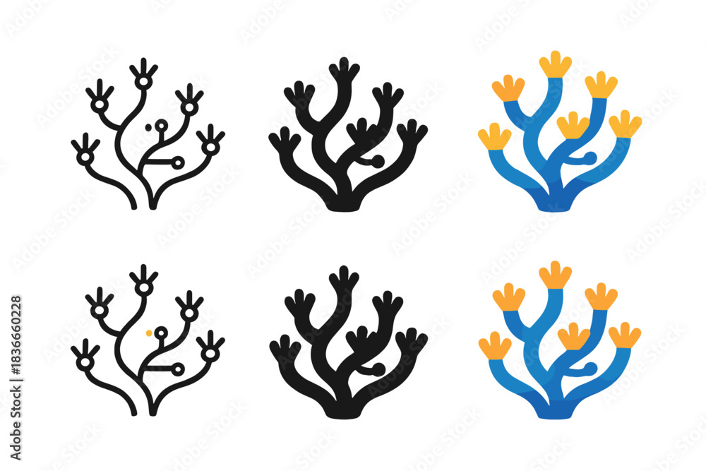 Obraz premium Vibrant Coral Reef Icons. Coral reef with glowing connections and vibrant polyps, abstract minimal vector icon, first in line