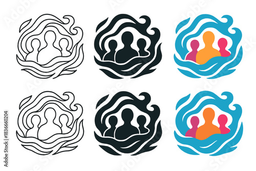 Imaginative Abstract Figures. Abstract group of figures surrounded by swirling waves of imagination, shared delusion concept,