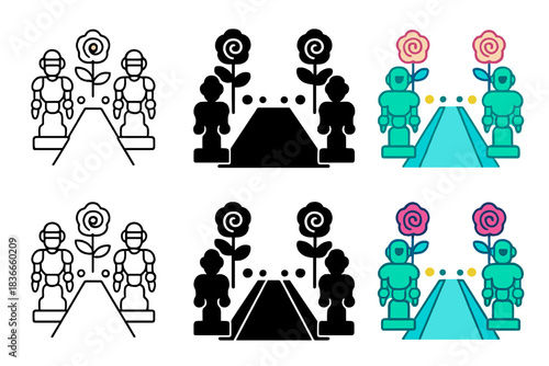 Futuristic Neon Pathway. Pathway lined with robotic topiary and neon flowers, abstract futuristic park icon, minimal geometric