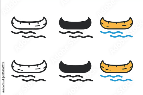 Floating Birch Canoe. Floating birch bark canoe with subtle reflection in water, abstract minimal icon, first in line style with