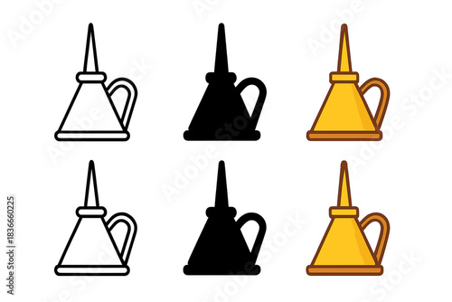 Vintage Oil Can Icons. Vintage oil can with pointed spout and handle, minimal icon style, first in line style with thin outline,
