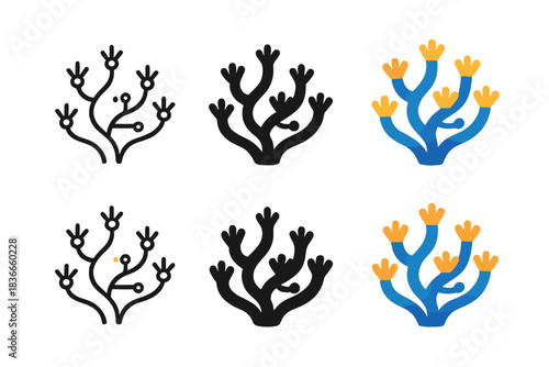 Vibrant Coral Reef Icons. Coral reef with glowing connections and vibrant polyps, abstract minimal vector icon, first in line