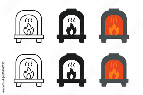 Fiery Kiln Styles. Kiln furnace with fiery interior and heat waves, abstract minimal vector, first in line style with thin outline
