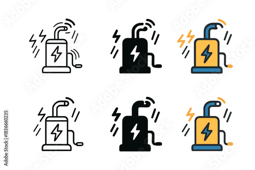 Hand-Cranked Generator Icon. Hand-cranked generator with visible spinning handle and energy lines, clean minimal vector icon,