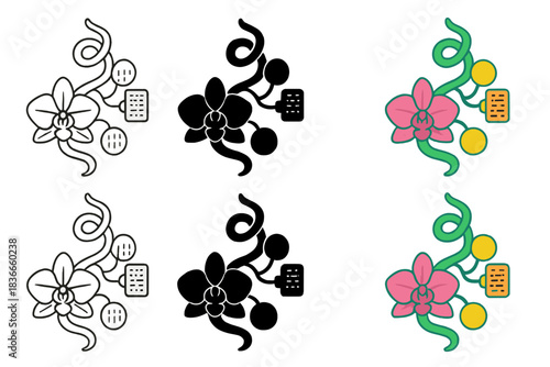 Digital Orchid Innovation. Twisted orchid vine with luminous parasitic growth storing digital data, abstract minimal vector design