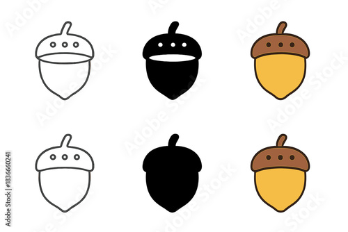 Acorn Icon Styles. Acorn with hollowed cap and small decorative details, clean geometric minimal icon, first in line style with