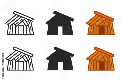 Tribal Hut Icons. Scrap timber tribal hut with slanted roof and simple doorway, simple minimal vector icon, first in line style