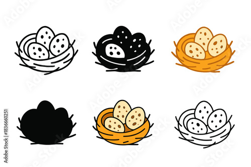 Speckled Quail Eggs. Bird nest with three tiny speckled quail eggs, minimal vector design, first in line style with thin outline,