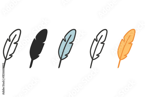 Gull Feather Icons. Gull feather with detailed shaft and pointed nib, simple minimal vector icon, first in line style with thin