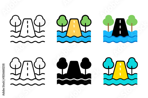 Road Underwater Icon. Road disappearing beneath lake surface with surrounding trees, clean geometric minimal icon, first in line