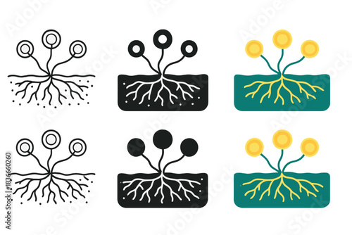 Glowing Mycelium Network. Fungal mycelium spreading across soil forming glowing internet nodes, abstract minimal vector design,