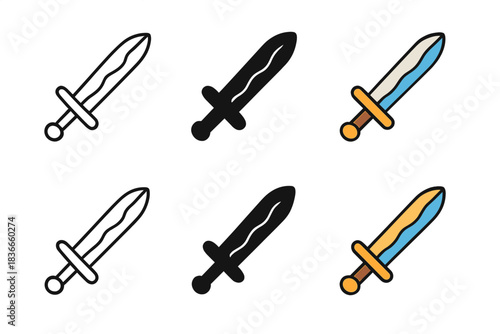 Stylized Sword Icon Series. Stylized sword showing temper line along cutting edge, clean geometric minimal icon, first in line