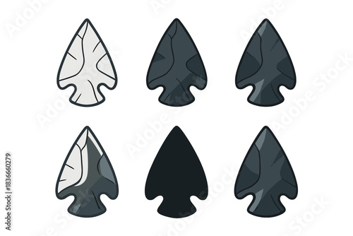 Volcanic Glass Arrowhead Icons. Arrowhead crafted from dark volcanic glass with sharp bevels, simple minimal vector icon, first in
