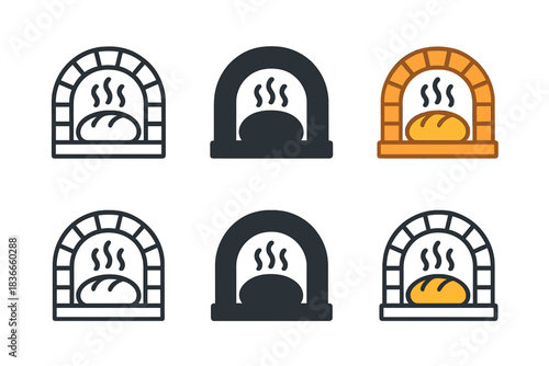 Golden Crust Evolution. Golden crunchy crust emerging from brick oven with steam rising, clean minimal vector icon, first in line