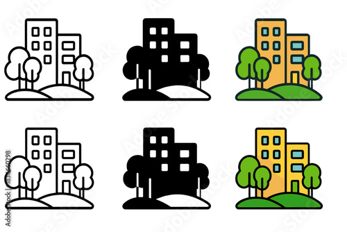 Geometric Urban Oasis. Mixed-use urban area with integrated parks and habitat nodes, clean geometric minimal icon, first in line