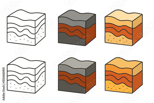 Set of six geological layer icons illustrating sediment layers with varying colors and patterns.