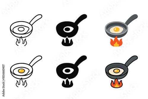 Set of frying-pan icons with eggs and flames, in grayscale and colored versions.