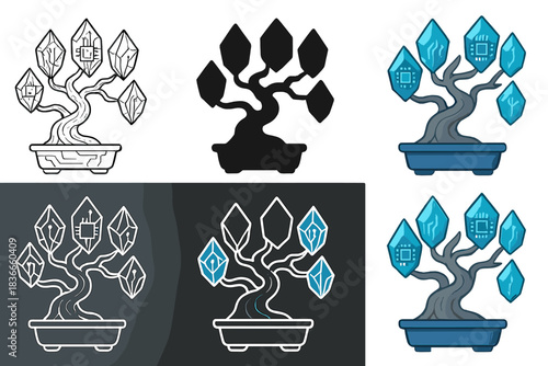 Crystalline Digital Bonsai. Futuristic bonsai with crystalline leaves storing digital memories, elegant union of tradition and