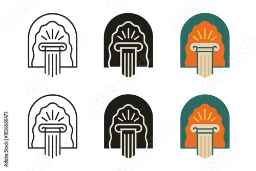 Harmony of Structure. Abstract emblem combining column pattern, cave arch, and light beam motif, representing harmony of structure